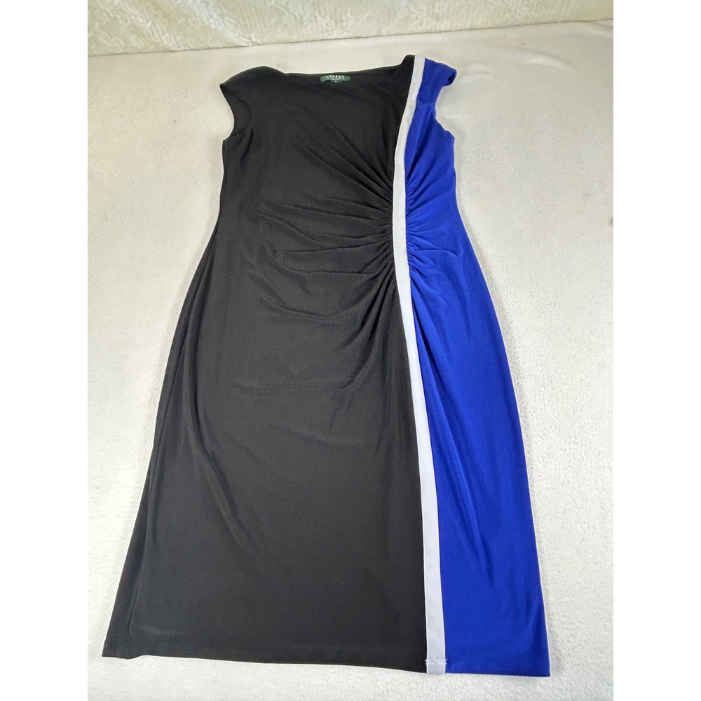 Lauren Ralph Lauren Sheath Dress Women 14 Black Blue Colorblock Stretch Chic